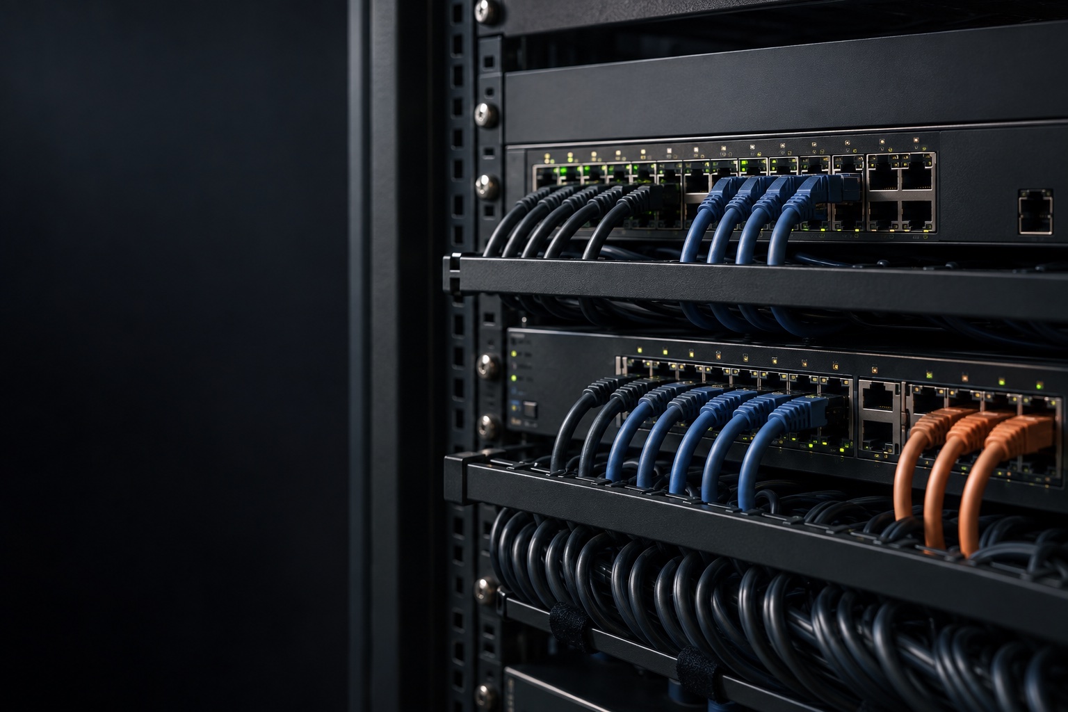 Imagem ilustrativa de switches, conexões e cabos organizados em um rack de rede.