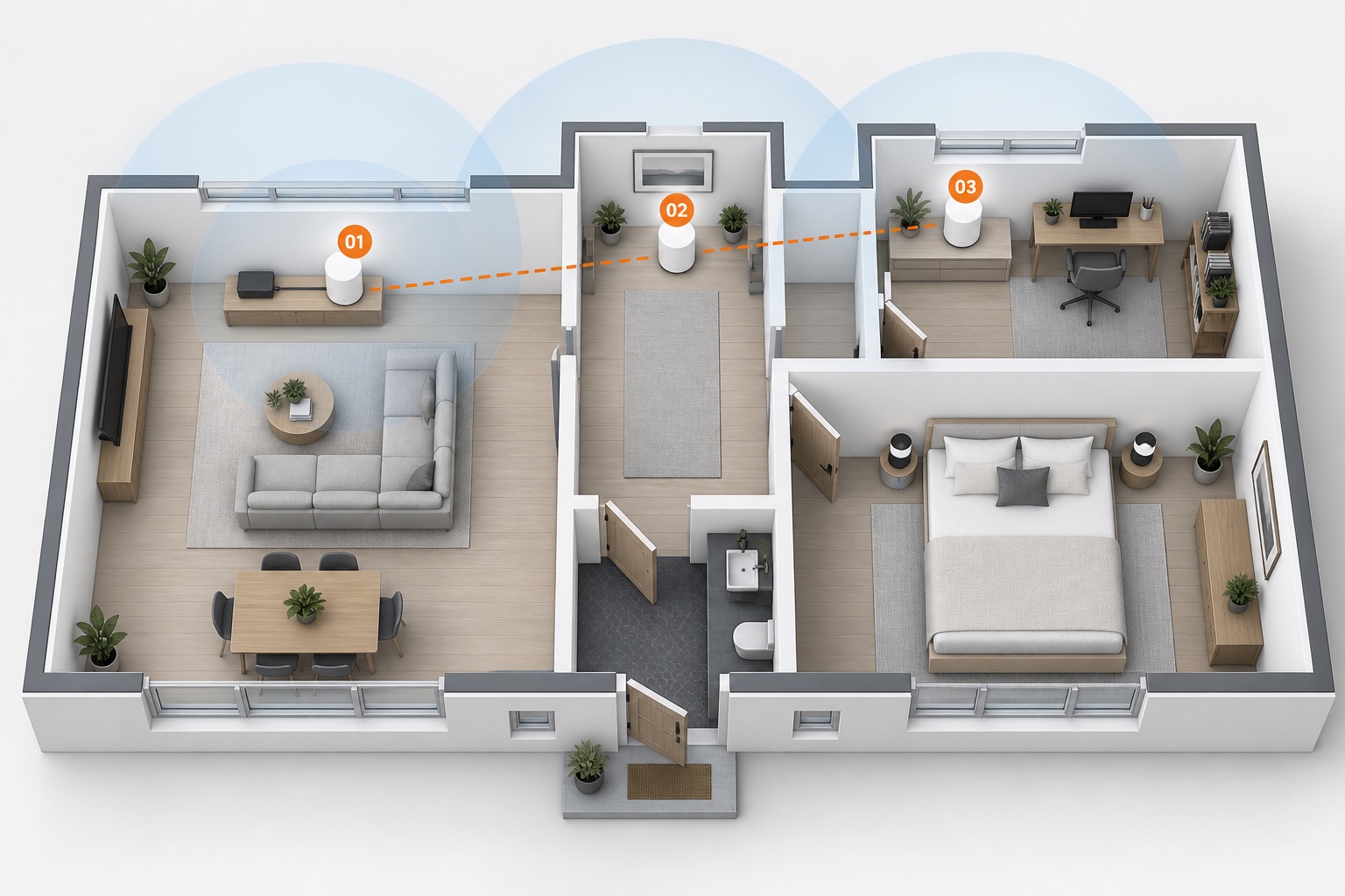 Esquema ilustrativo de uma casa com três pontos Mesh: o principal conectado ao modem e dois pontos adicionais interligados sem fio. As áreas de cobertura são conceituais.